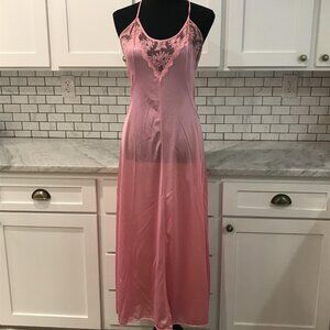 Texsheen Nightgown Womens M Pink Sheer Lace Nylon Maxi Strappy Lingerie Slip VTG